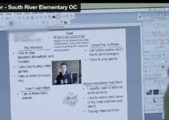 Screen grab from video showing a computer screen that has a student's One-Pager displayed. There is a goal at the top, a picture in the middle, surrounded by interests, things the student wants the teacher to know, how I learn best, and accommodations that work.