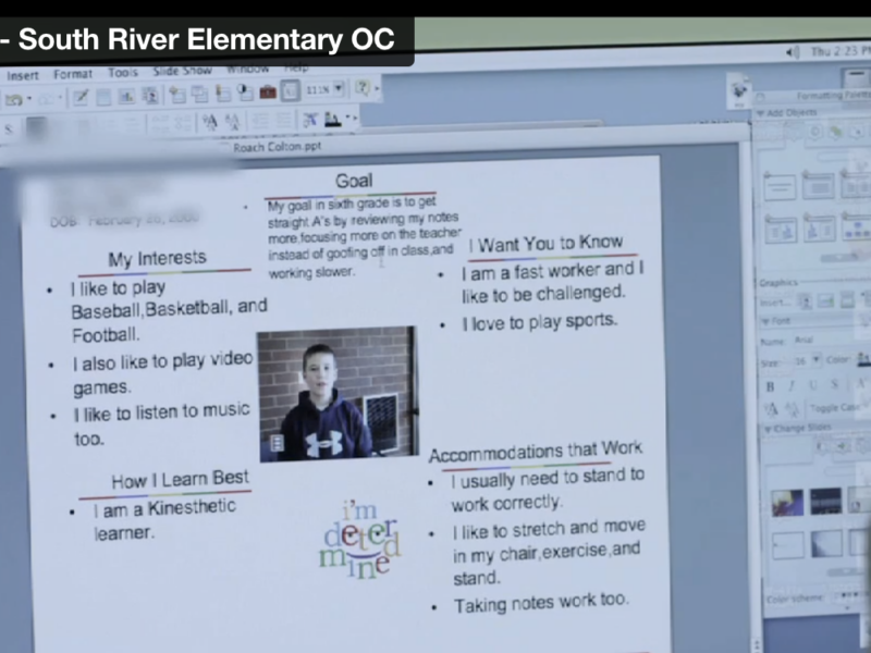Screen grab from video showing a computer screen that has a student's One-Pager displayed. There is a goal at the top, a picture in the middle, surrounded by interests, things the student wants the teacher to know, how I learn best, and accommodations that work.