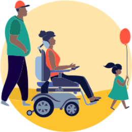 Illustration of 3 individuals, one male with a red hat and green shirt, walking behind an adult female with a red shirt, navigating with a power wheelchair, and a girl with a green dress, holding a red balloon.