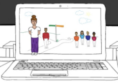Illustrated laptop screen that shows a path that splits and goes two ways. A teacher and students wearing different colored shirts are standing on both sides of the path.