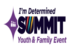 Stylized text that says: I'm Determined Summit - Youth & Family Event. Next to the text is a purple diamond with a white icon in the middle that shows the outlines of three individuals next to each other.