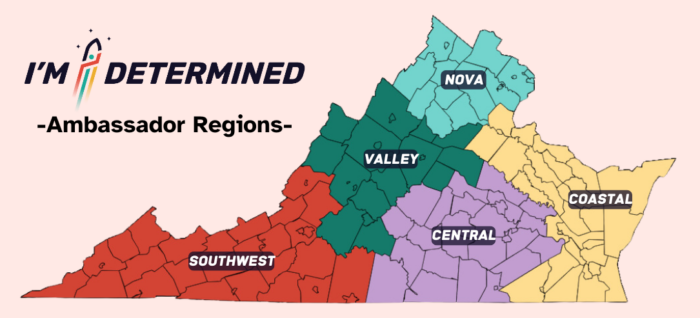 Map of Virginia divided in to 5 Ambassador Regions: NOVA, Valley, Central, Coastal, and Southwest