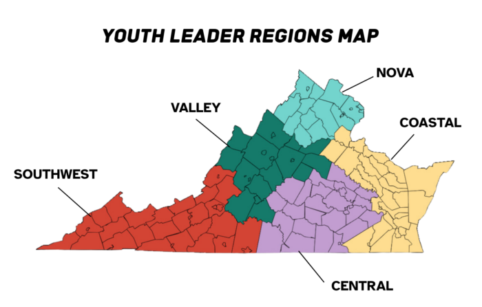 Map of Virginia divided into five colored regions: red in the Southwest region, dark teal in the Valley region, light purple in Central region, light teal in the NOVA region, and yellow in the Coastal region.